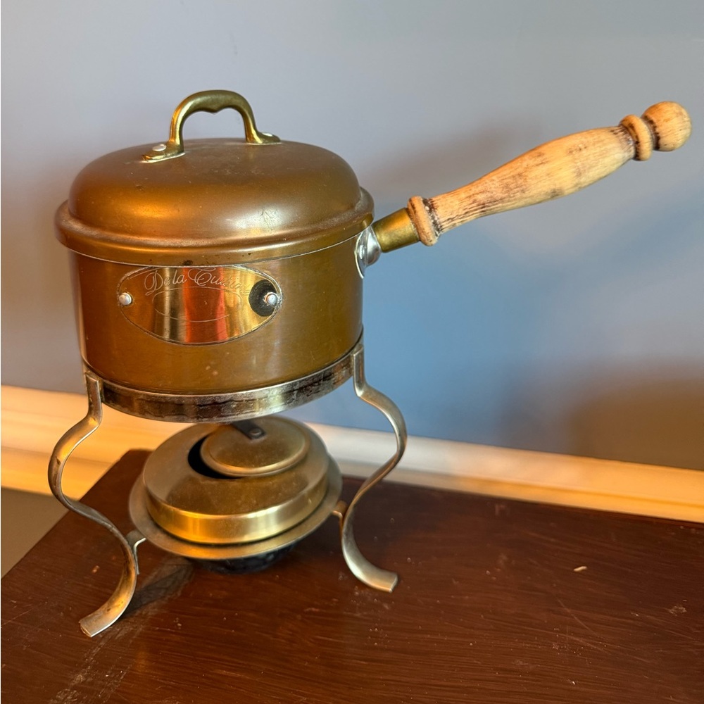 Vintage Copper Coated Fondue Wood Handle Pot with Sterno De La Cuisine